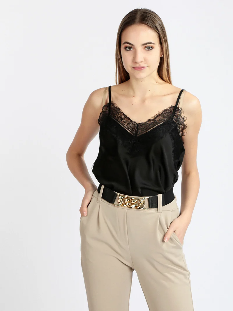 Top donna in raso con pizzo - nero