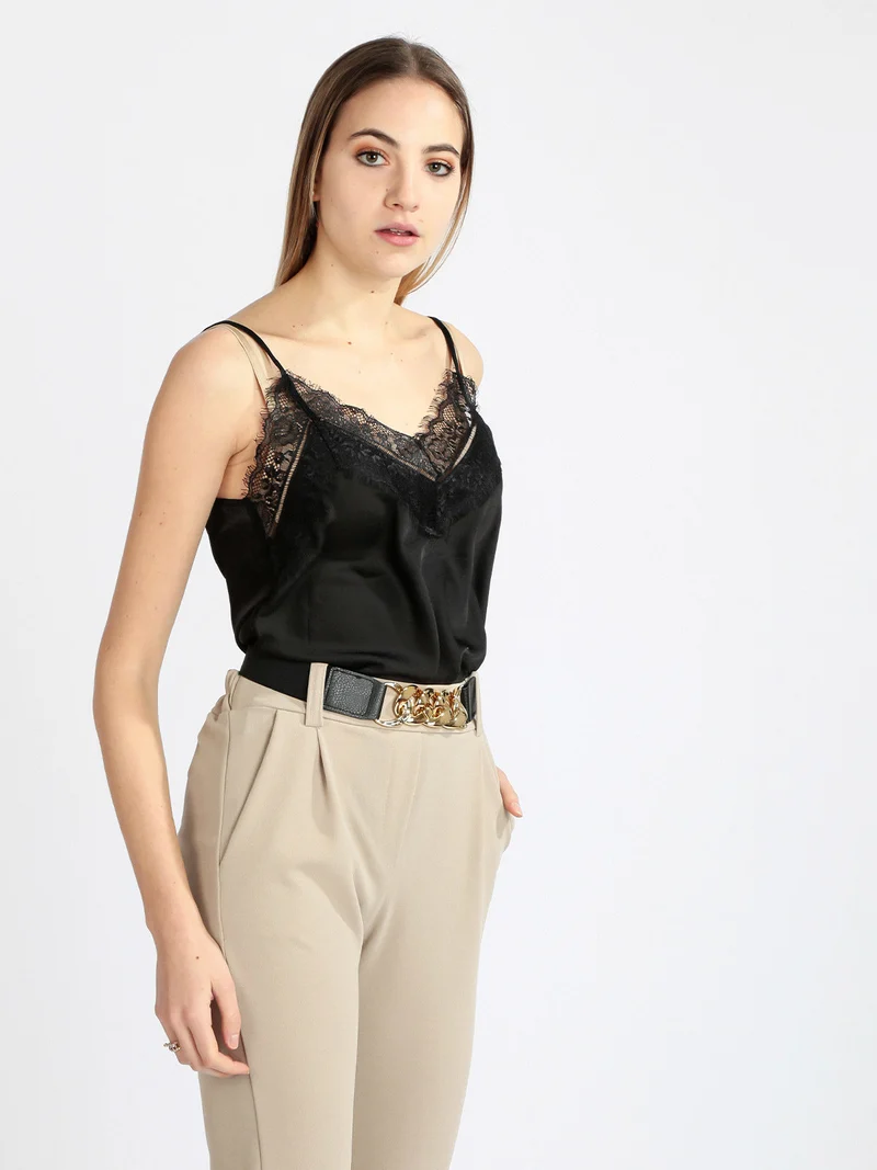 Top donna in raso con pizzo - nero