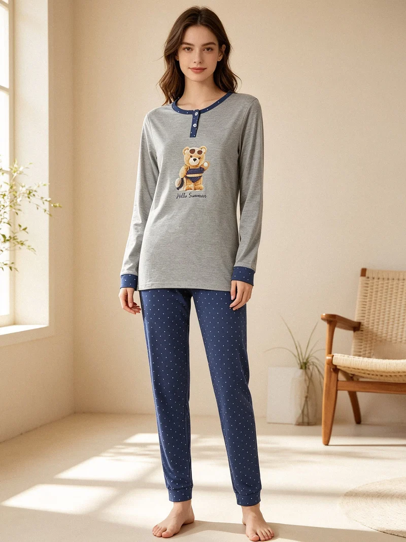 Pigiama lungo da donna in cotone con stampa orsacchiotto e pantaloni a pois - grigio