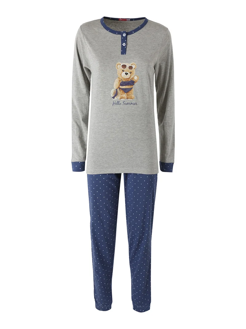 Pigiama lungo da donna in cotone con stampa orsacchiotto e pantaloni a pois - grigio