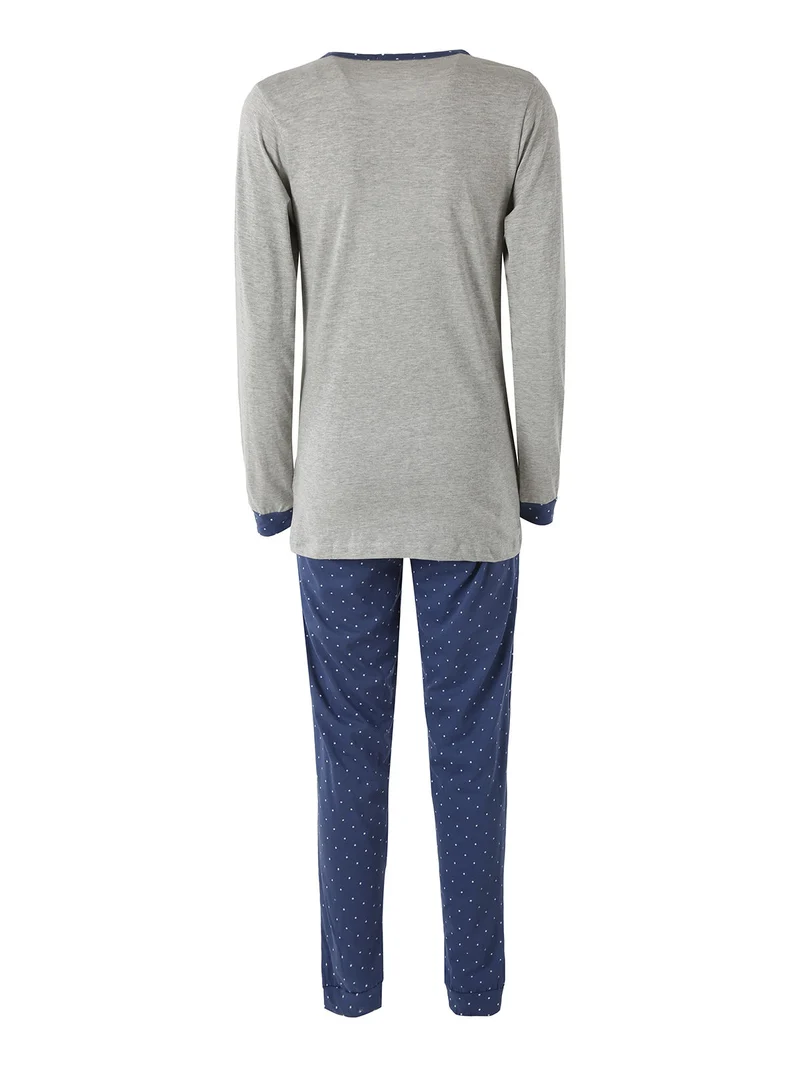 Pigiama lungo da donna in cotone con stampa orsacchiotto e pantaloni a pois - grigio