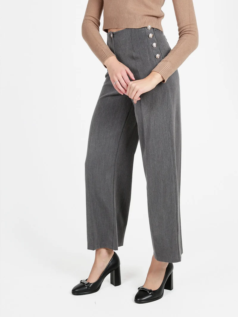 Pantaloni donna a gamba larga con bottoni decorativi - grigio