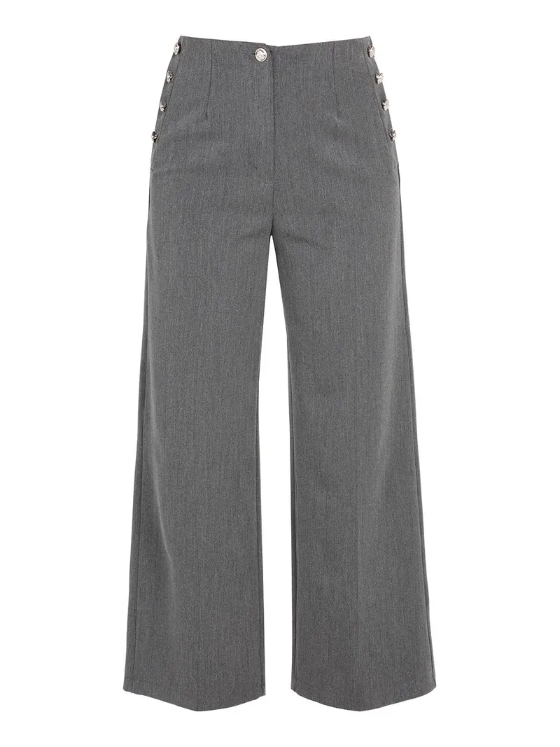 Pantaloni donna a gamba larga con bottoni decorativi - grigio