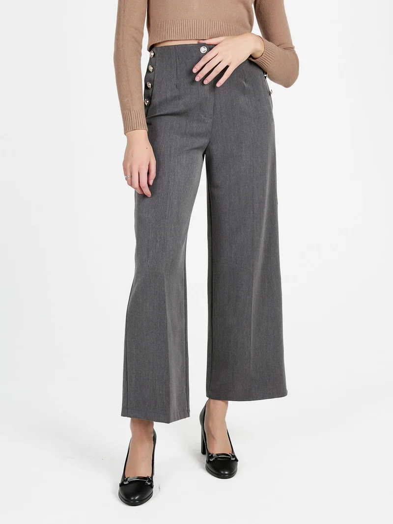 Pantaloni donna a gamba larga con bottoni decorativi - grigio