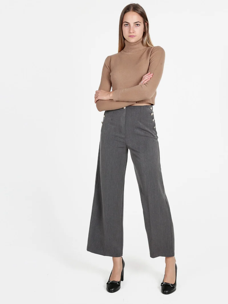 Pantaloni donna a gamba larga con bottoni decorativi - grigio