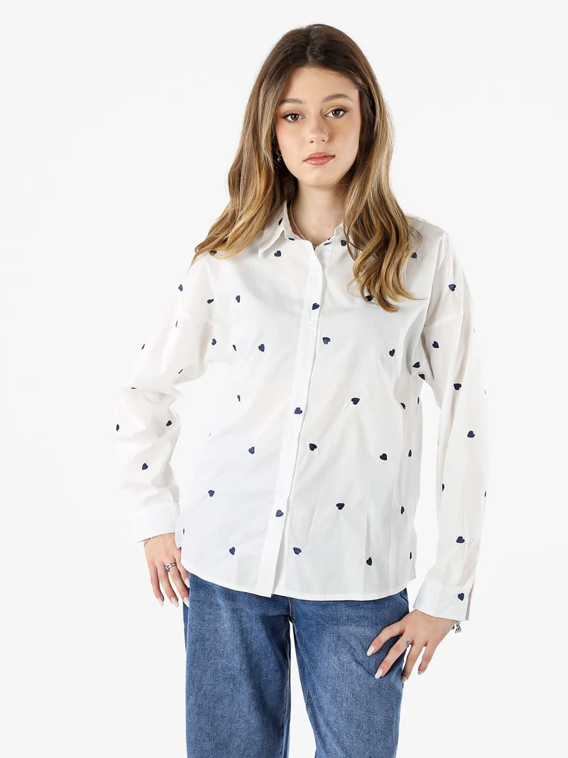 Camicia donna a maniche lunghe in misto cotone con stampa cuori - bianco