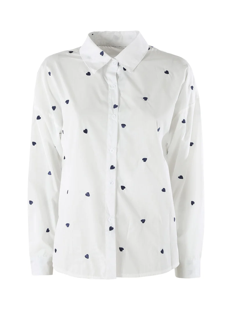 Camicia donna a maniche lunghe in misto cotone con stampa cuori - bianco
