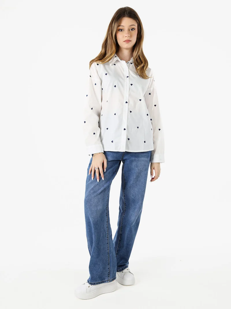 Camicia donna a maniche lunghe in misto cotone con stampa cuori - bianco