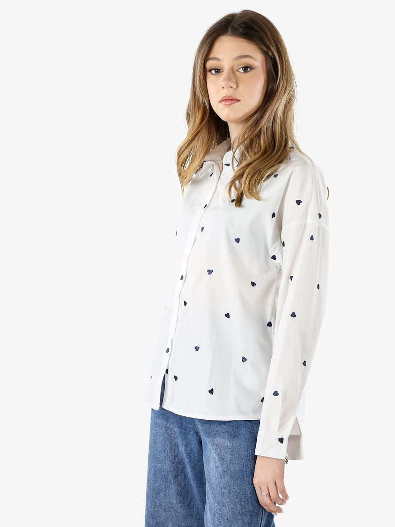 Camicia donna a maniche lunghe in misto cotone con stampa cuori - bianco