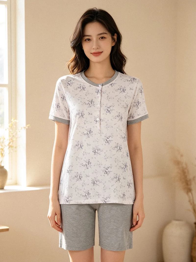 NUVOLA pigiama in cotone da donna con t-shirt floreale e shorts - grigio