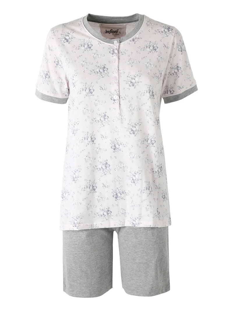 NUVOLA pigiama in cotone da donna con t-shirt floreale e shorts - grigio