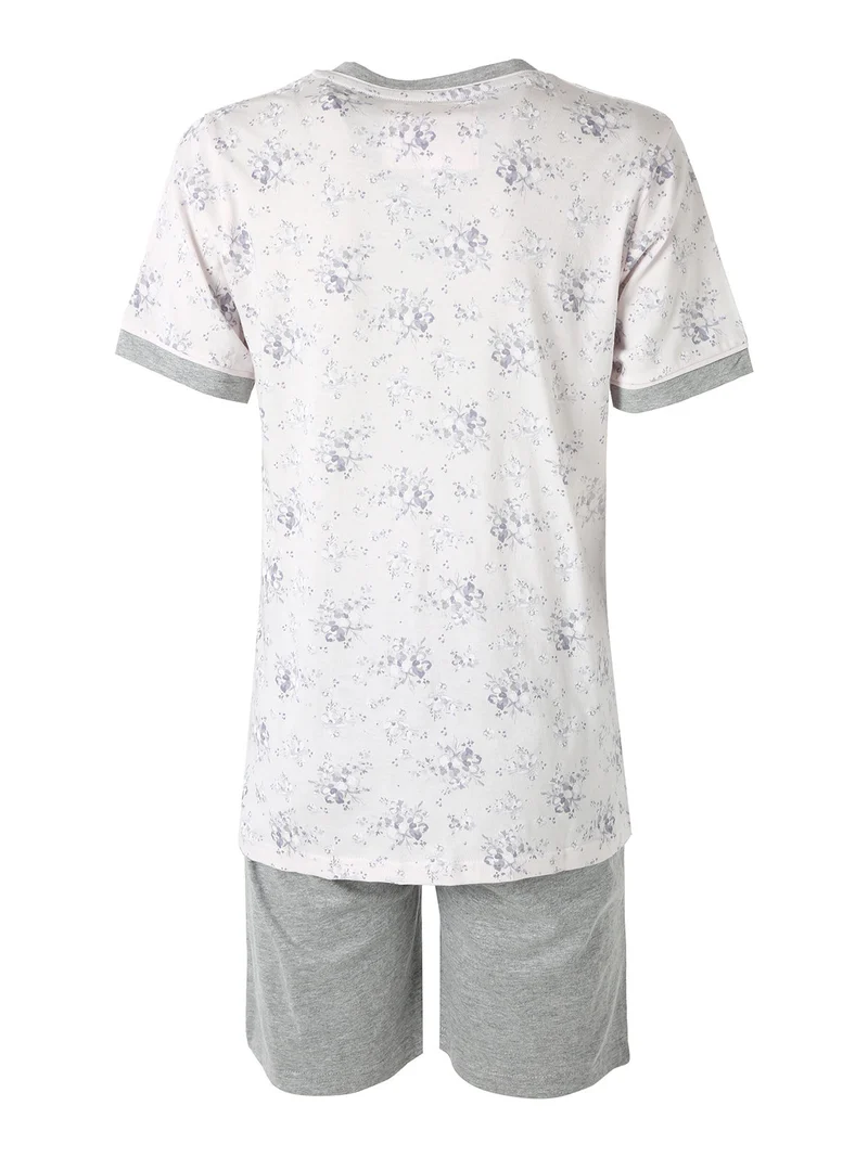 NUVOLA pigiama in cotone da donna con t-shirt floreale e shorts - grigio