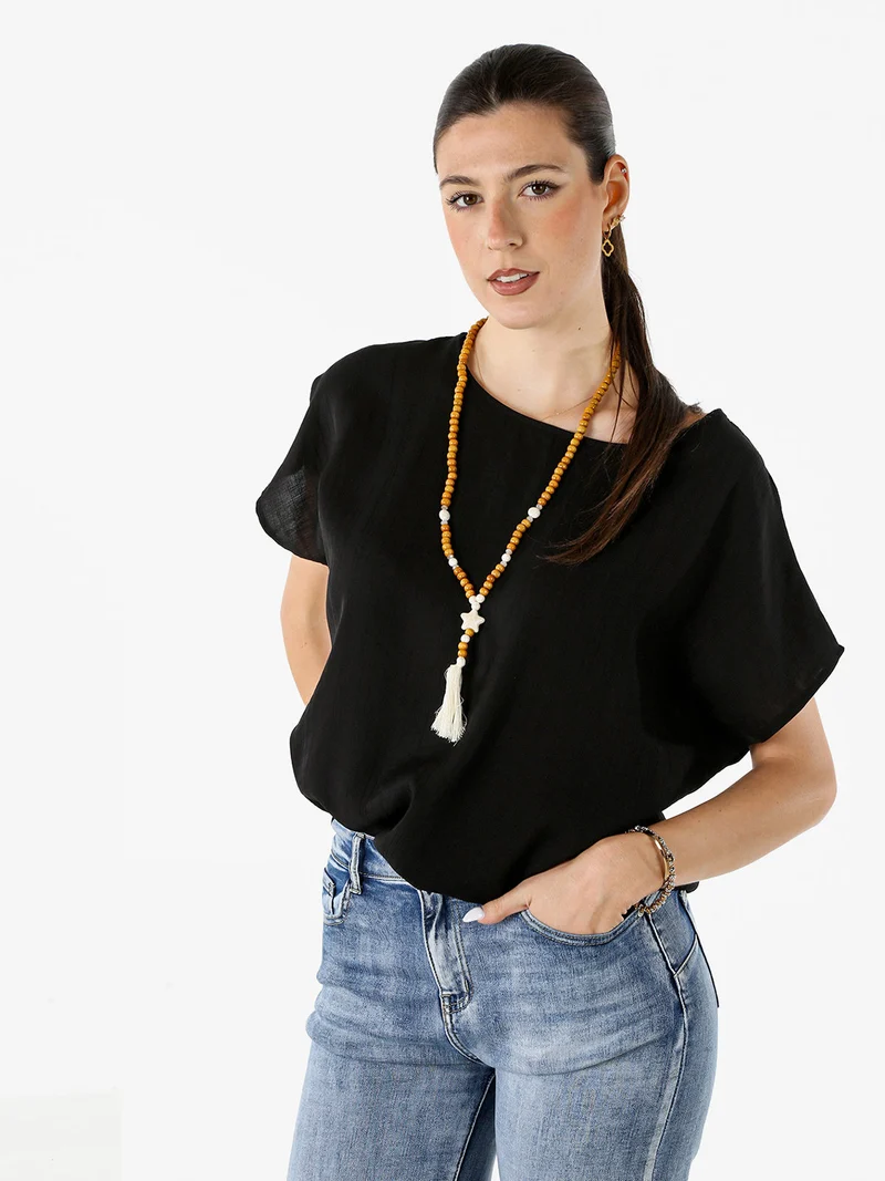 Blusa donna girocollo a maniche corte - nero