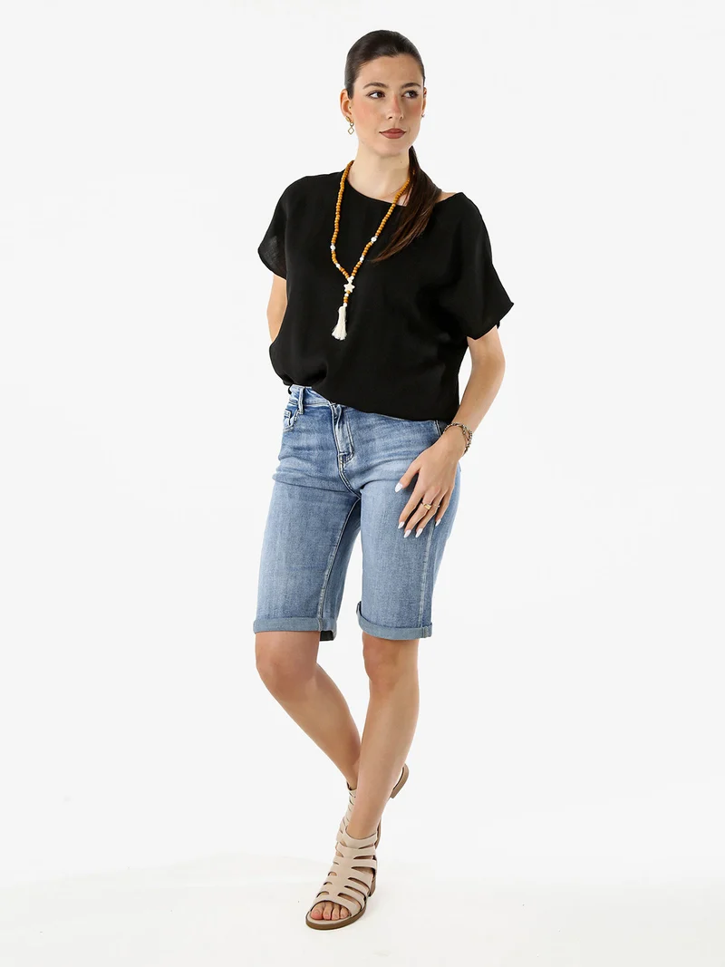 Blusa donna girocollo a maniche corte - nero