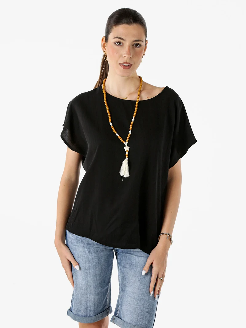 Blusa donna girocollo a maniche corte - nero