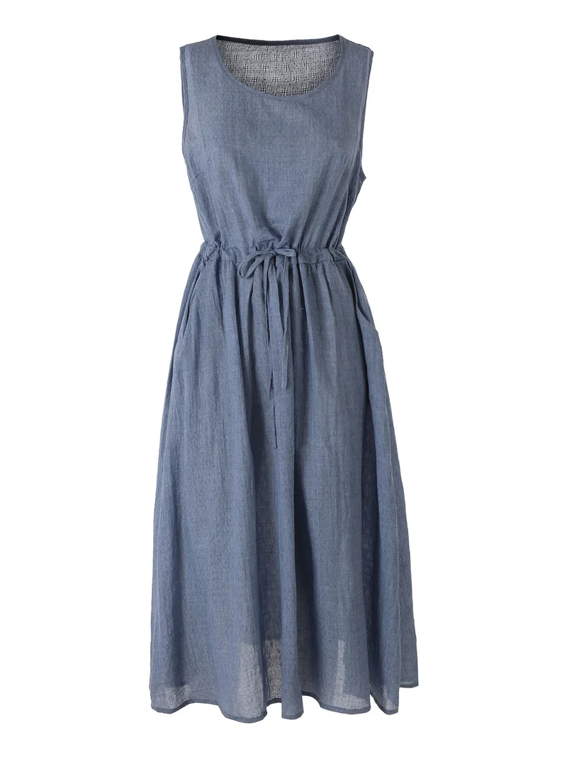Abito lungo da donna smanicato in misto cotone - blu