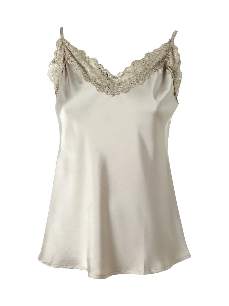 Top donna effetto raso con scollo in pizzo e spalline strette - taupe