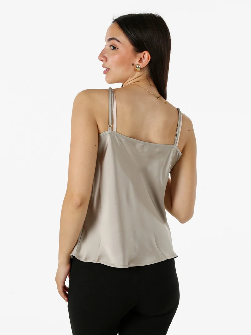 Top donna effetto raso con scollo in pizzo e spalline strette - taupe