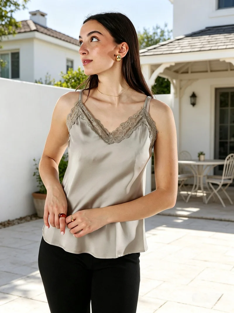 Top donna effetto raso con scollo in pizzo e spalline strette - taupe