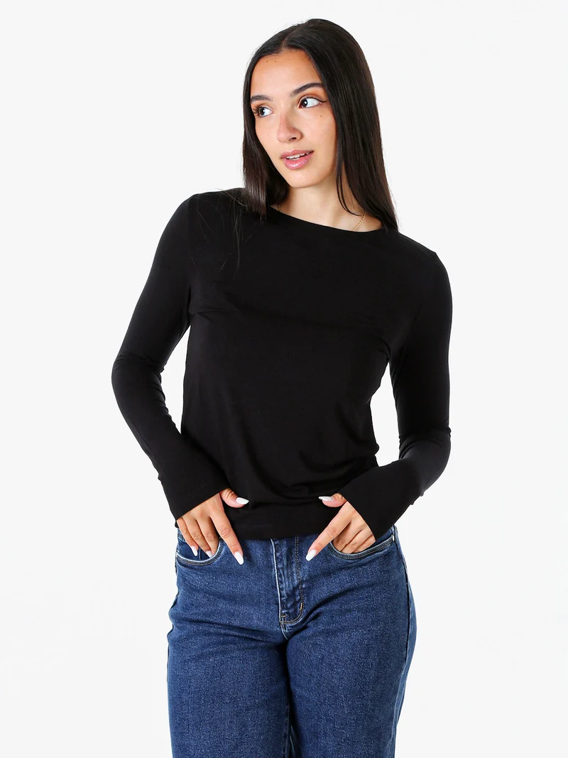T-shirt girocollo da donna a maniche lunghe - nero