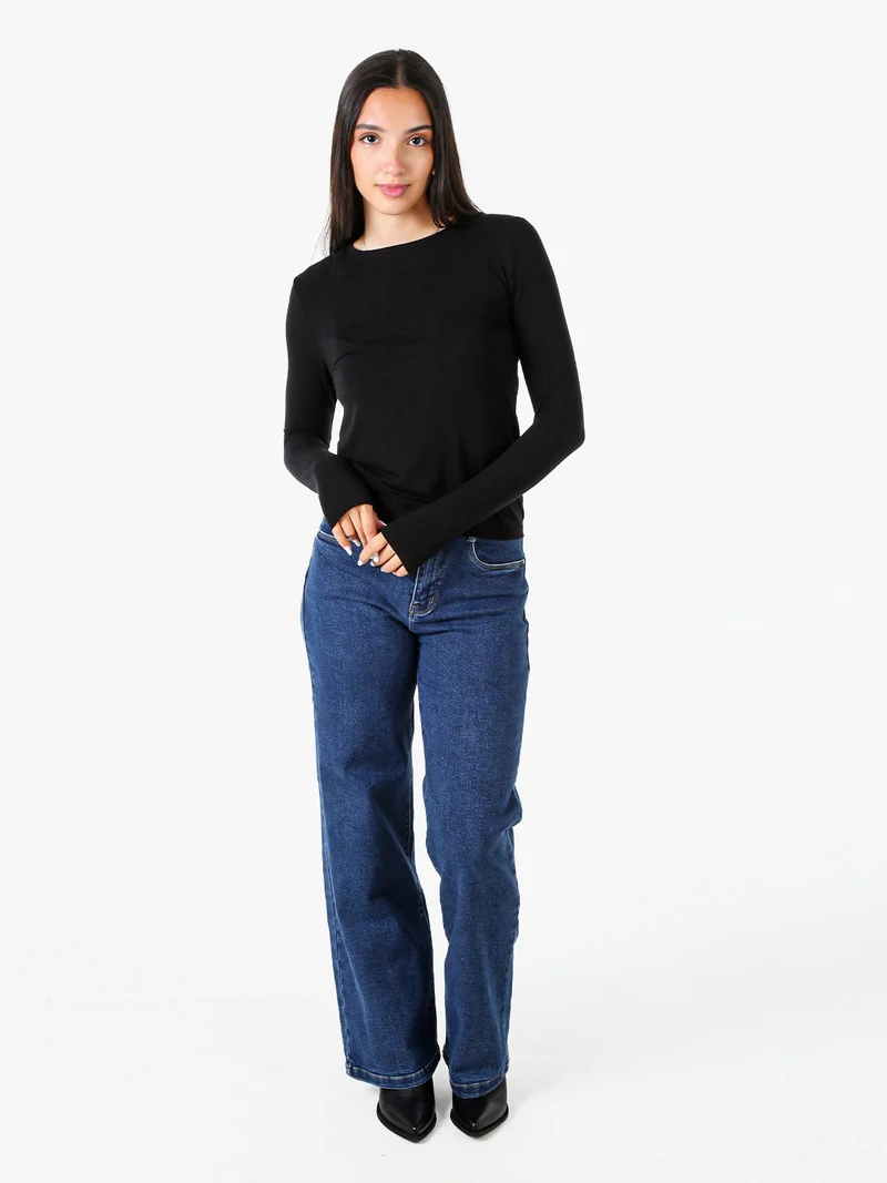 T-shirt girocollo da donna a maniche lunghe - nero