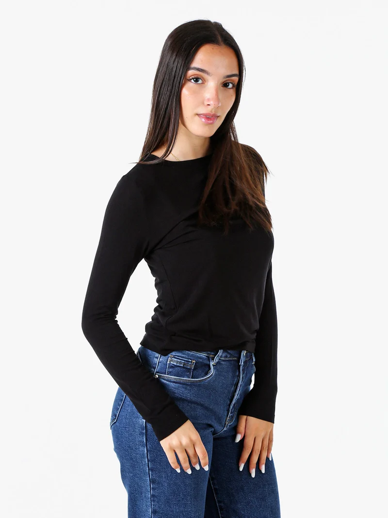 T-shirt girocollo da donna a maniche lunghe - nero