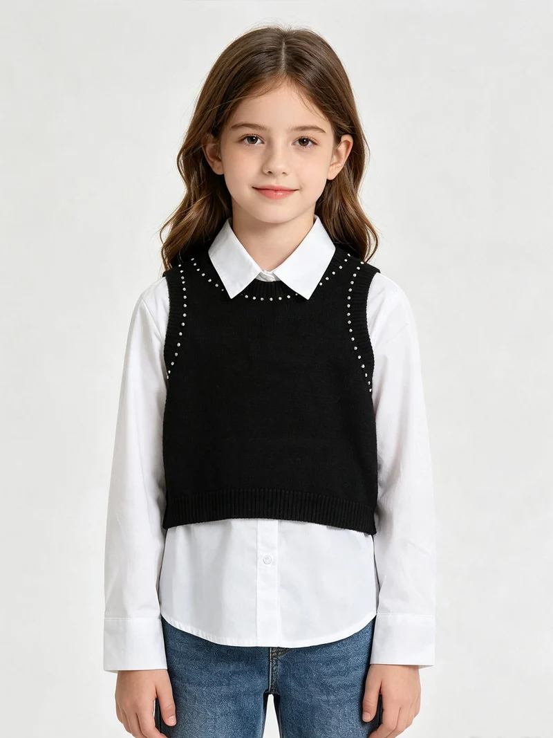 Gilet da bambina in maglia con camicia maniche lunghe - nero