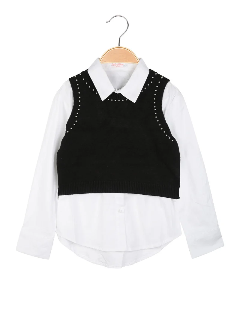 Gilet da bambina in maglia con camicia maniche lunghe - nero