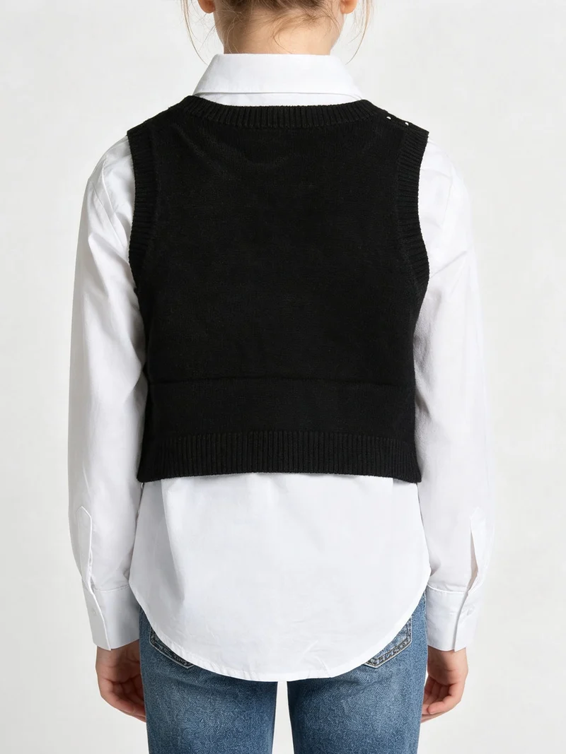 Gilet da bambina in maglia con camicia maniche lunghe - nero