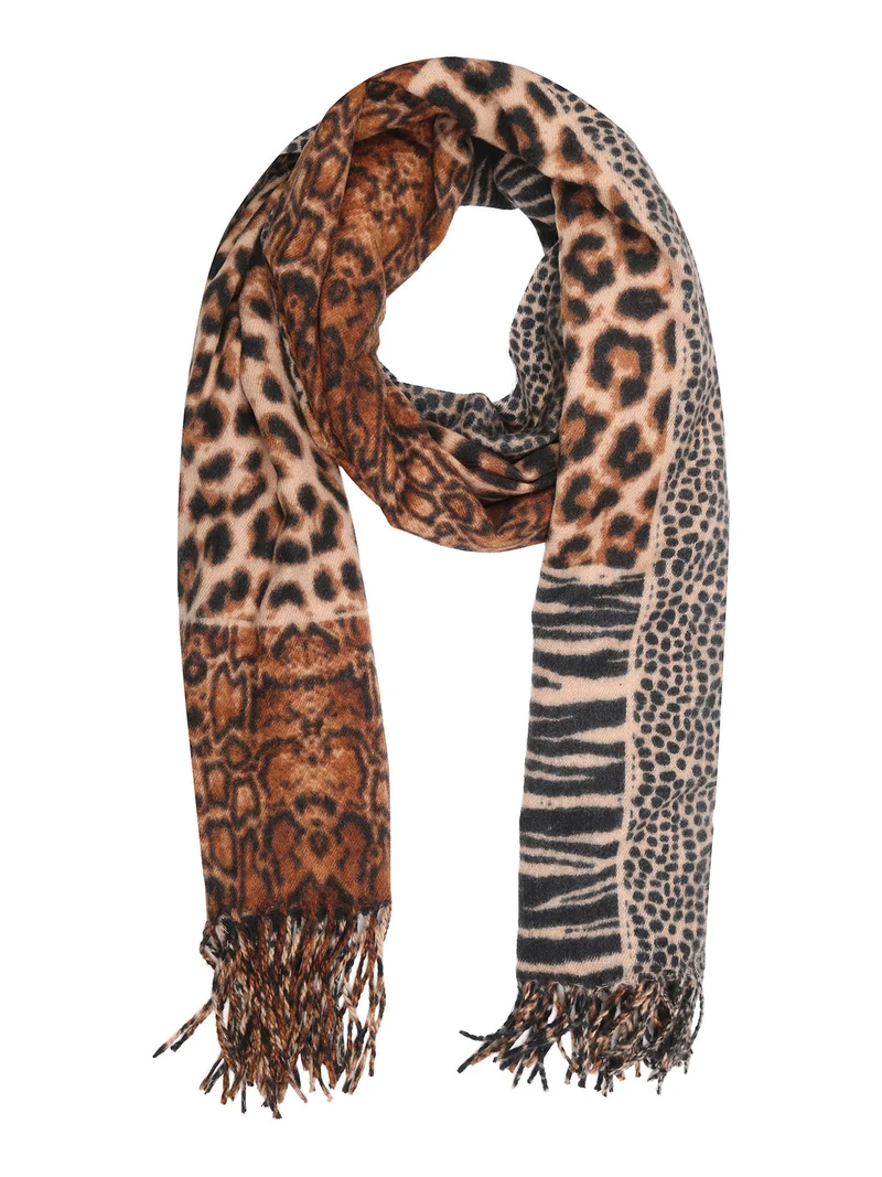 Sciarpa donna animalier con frange - cammello