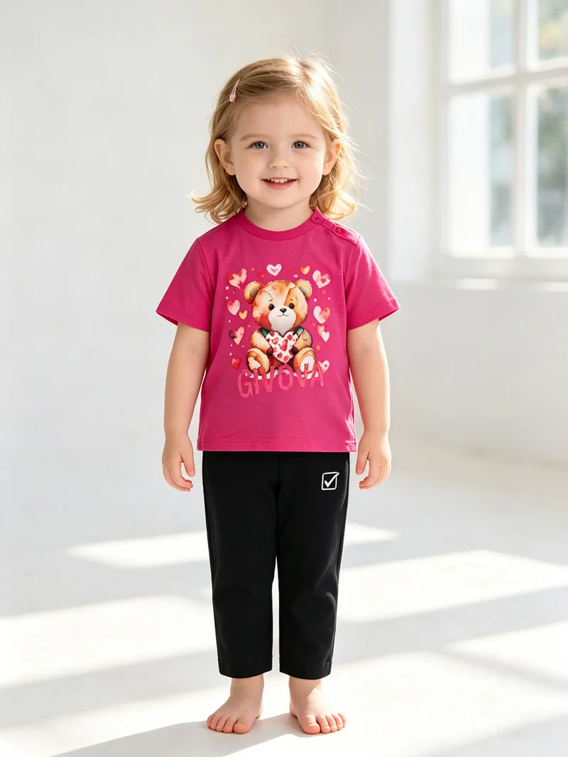 Completo corto da neonata con t-shirt orsacchiotto e leggings - fucsia
