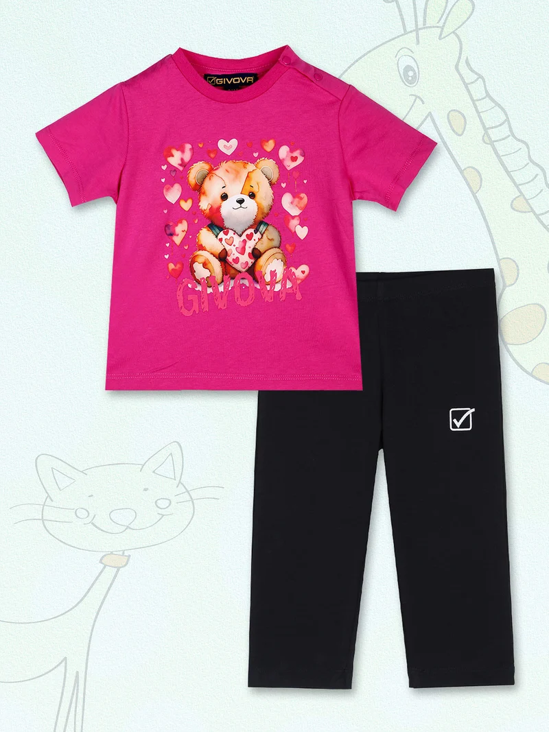 Completo corto da neonata con t-shirt orsacchiotto e leggings - fucsia