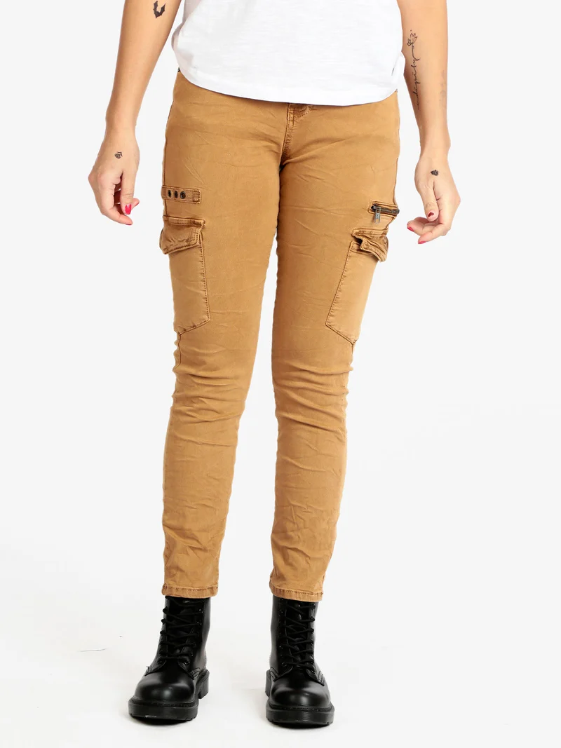 Pantaloni donna effetto stropicciato - cammello