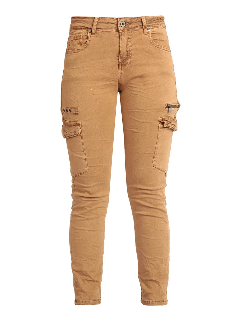Pantaloni donna effetto stropicciato - cammello