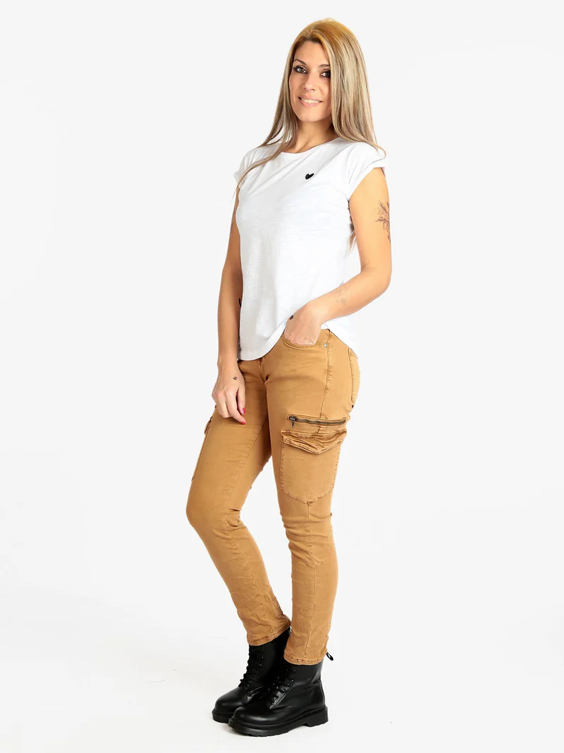 Pantaloni donna effetto stropicciato - cammello