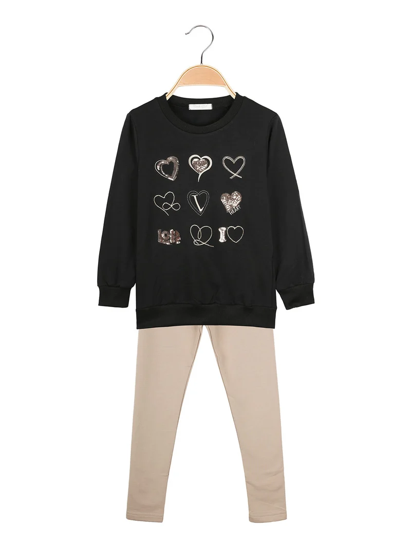 Completo 2 pezzi da bambina con felpa e leggings - nero