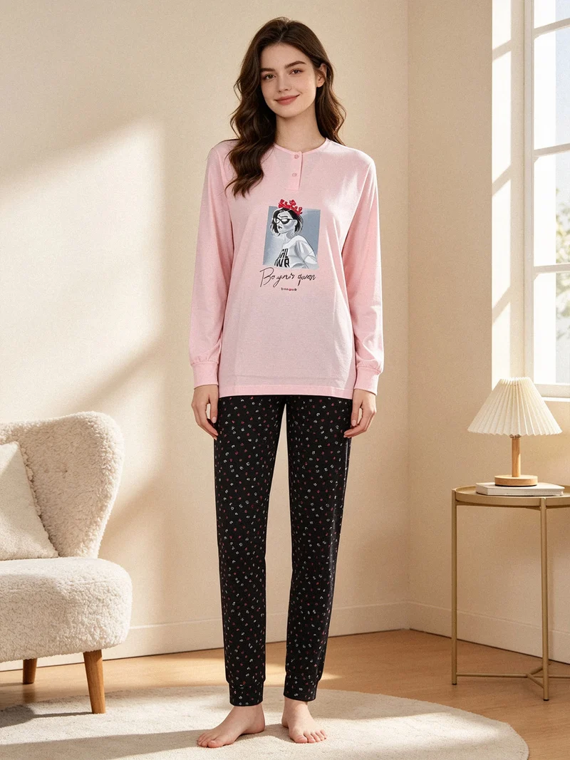 Pigiama lungo da donna in cotone - rosa
