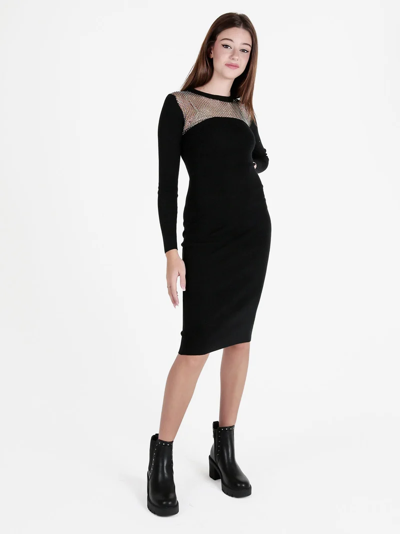 Abito donna a tubino in maglia con strass - nero