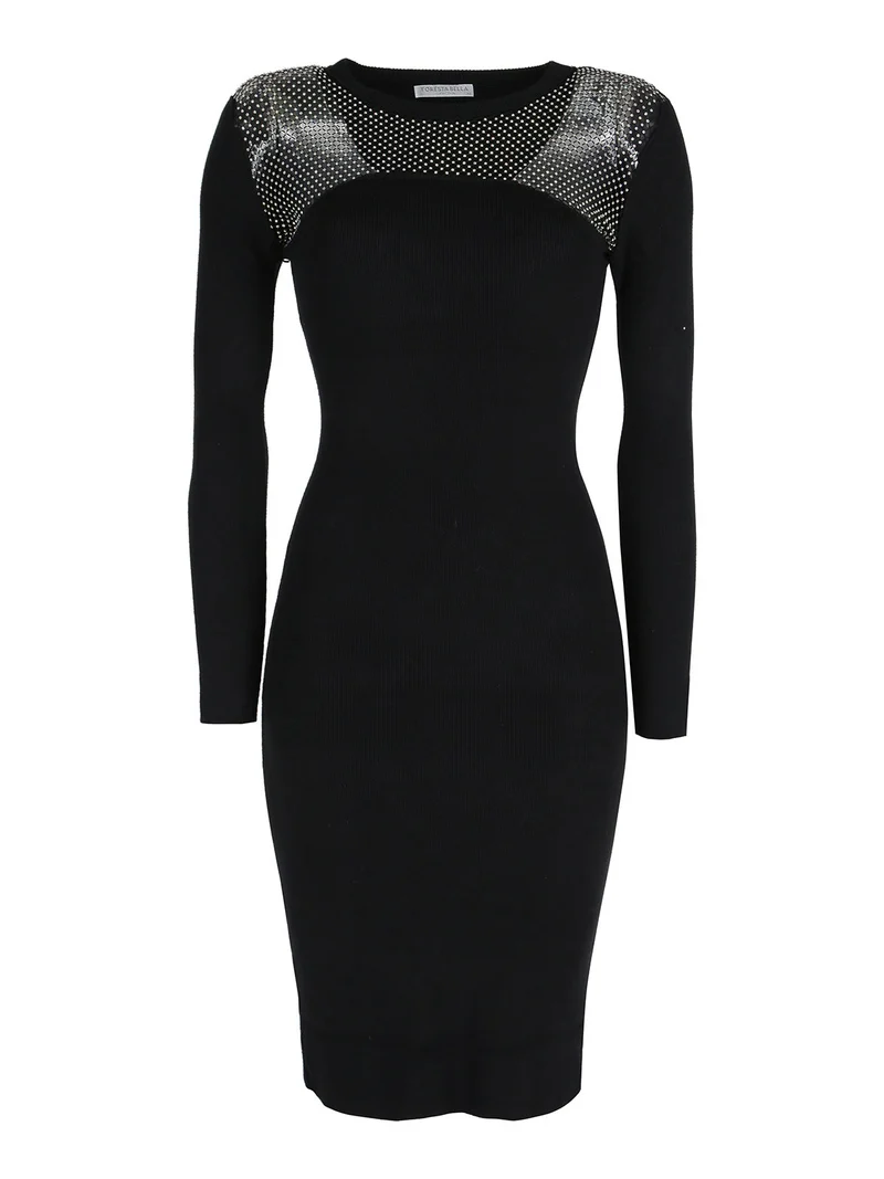 Abito donna a tubino in maglia con strass - nero