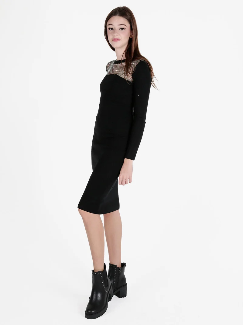 Abito donna a tubino in maglia con strass - nero