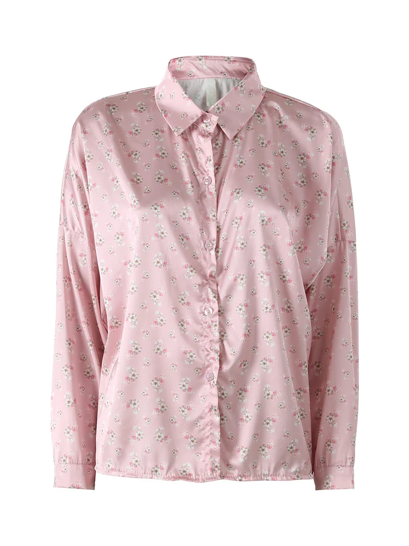 Camicia da donna a maniche lunghe con stampa floreale - rosa