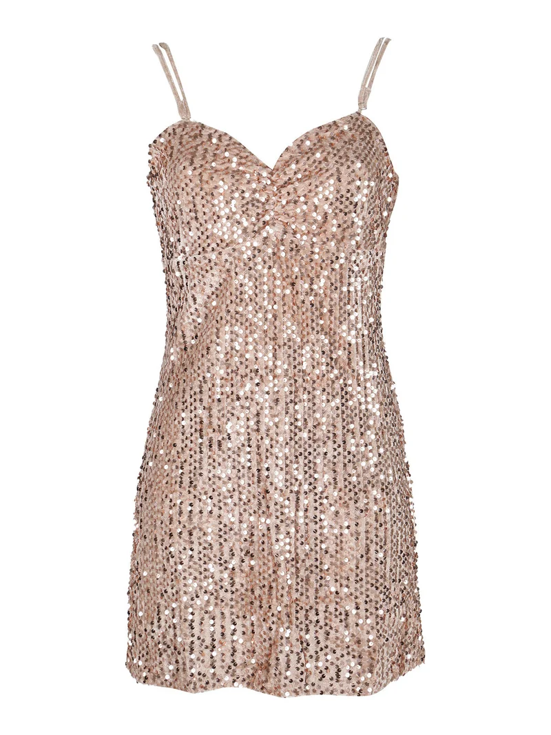 Vestito donna midi in ciniglia con paillettes e spalline sottili - cammello