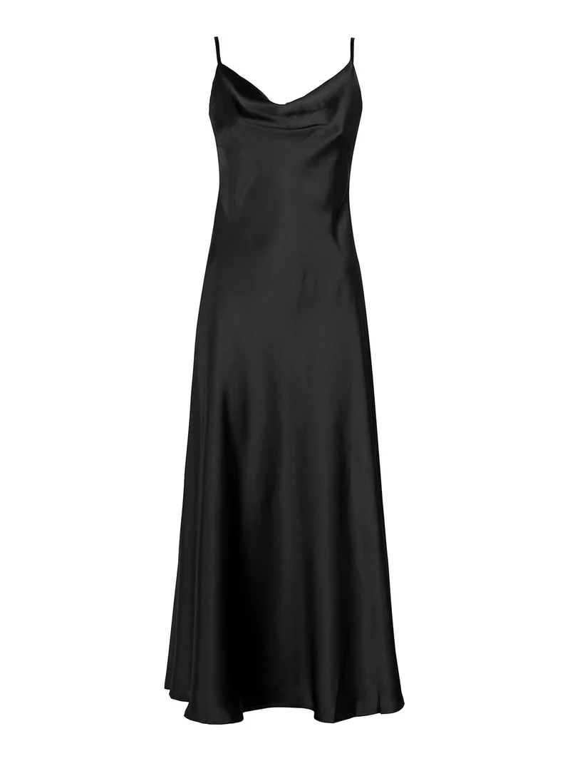 Abito lungo da donna effetto raso senza maniche - nero