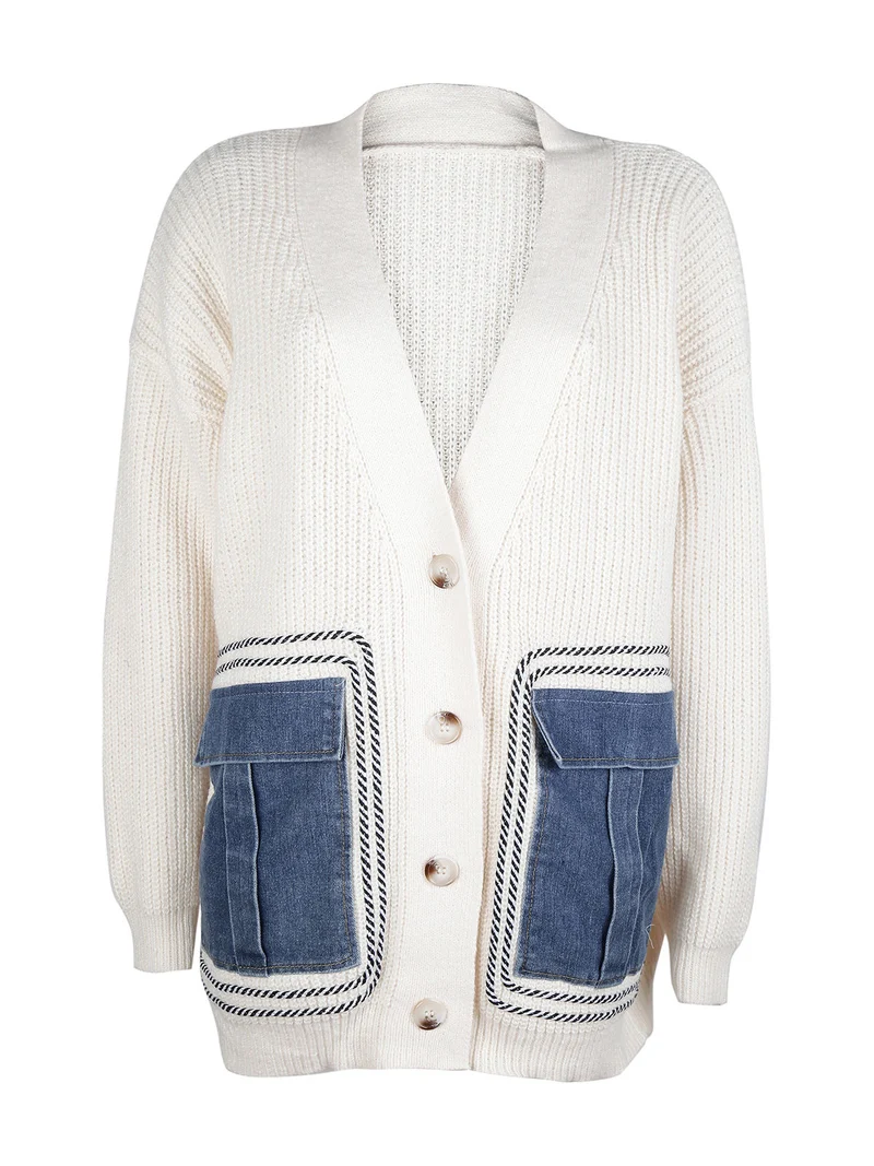 Cardigan donna ovesize in maglia con tasche in jeans - panna