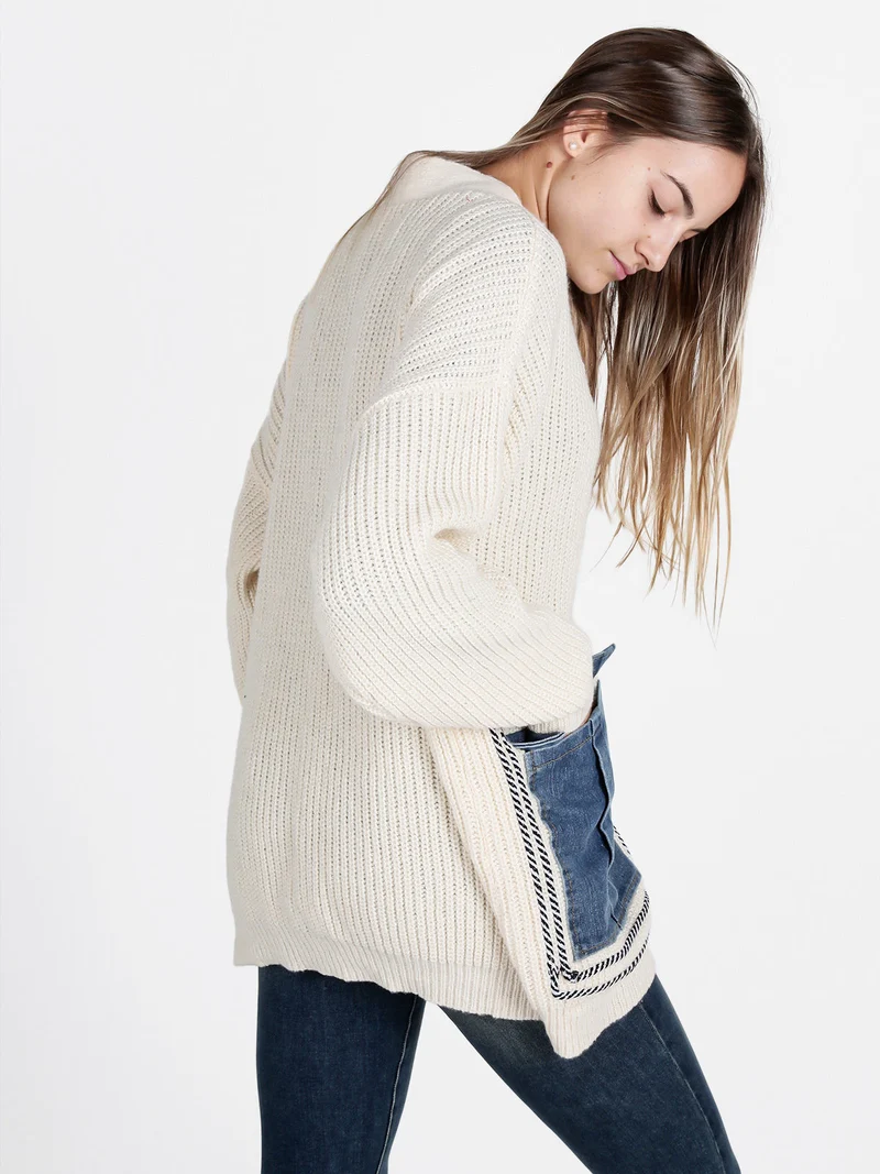 Cardigan donna ovesize in maglia con tasche in jeans - panna