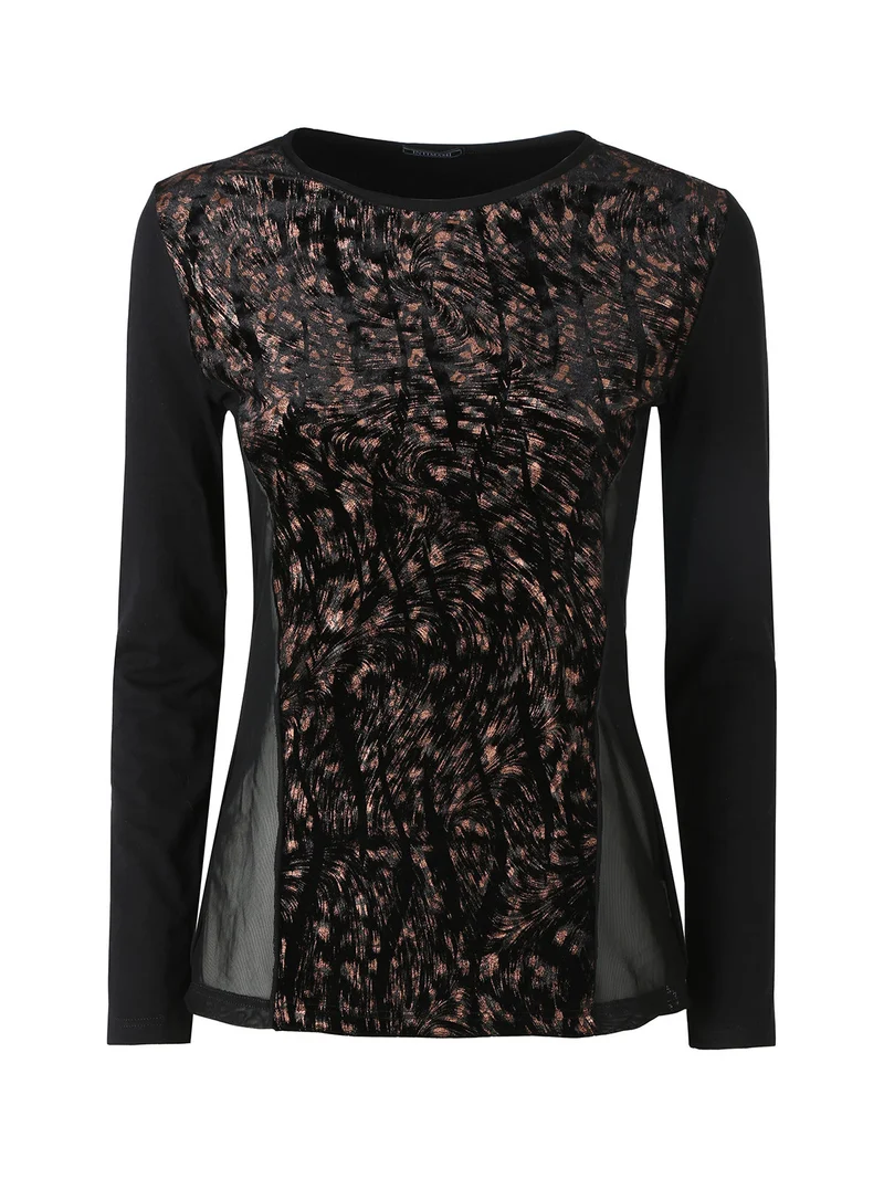 Maglia donna a maniche lunghe in ciniglia con inserti in tulle - bronzo