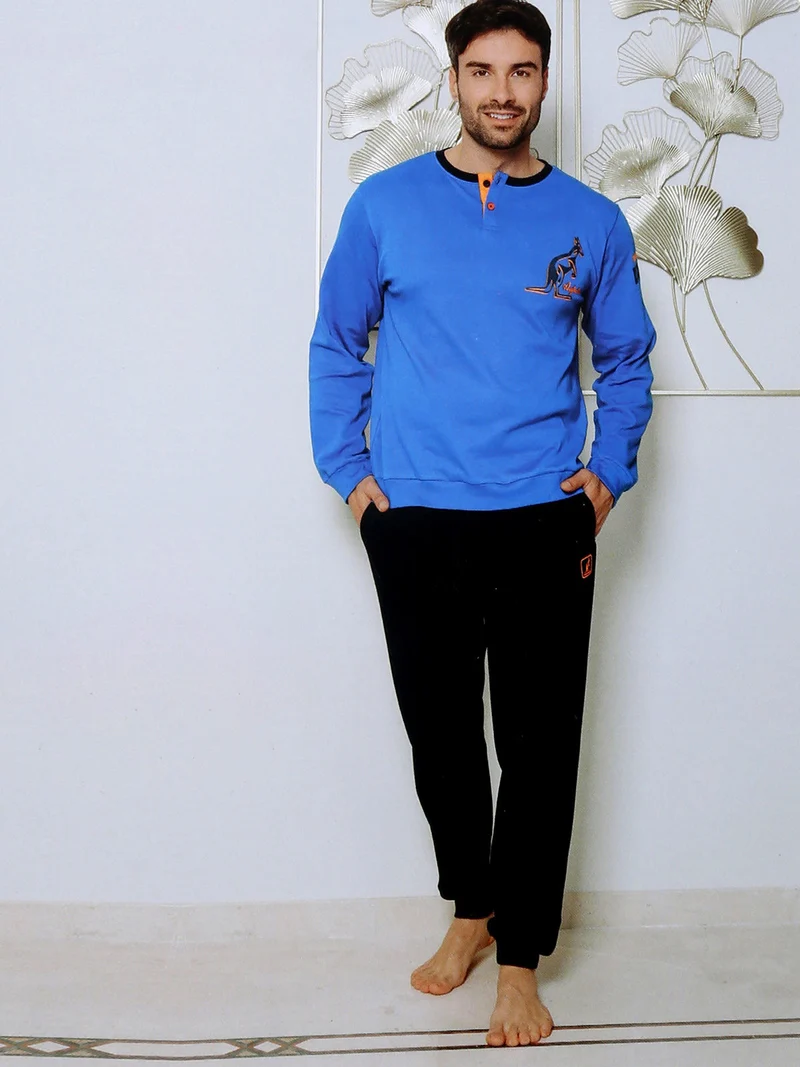Pigiama lungo da uomo in misto cotone interlock - blu