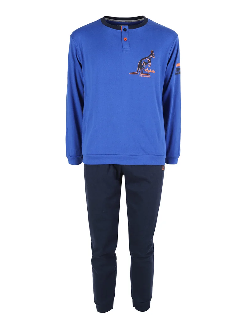 Pigiama lungo da uomo in misto cotone interlock - blu