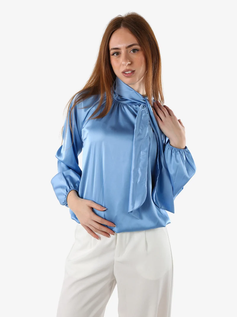 Blusa donna in tessuto simil raso a maniche lunghe - azzurro