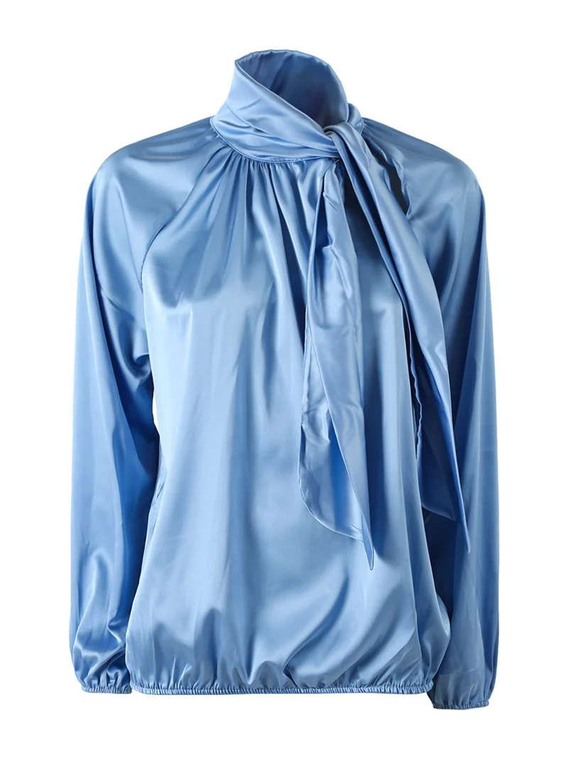 Blusa donna in tessuto simil raso a maniche lunghe - azzurro